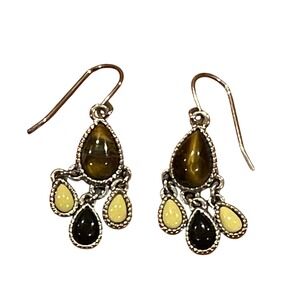 Chaps Silver Tone Tiger Eye Teardrop Dangle Earrings Boho Chandelier Brown Black